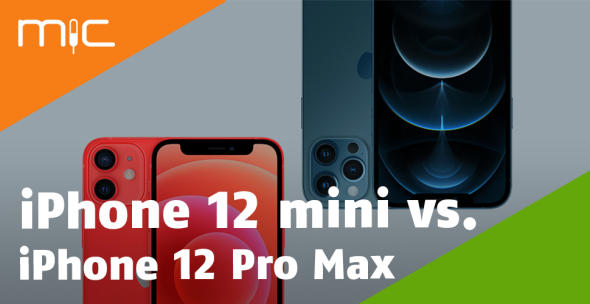 Das iPhone 12 mini und iPhone 12 Pro Max auf grauem Hintergrund.