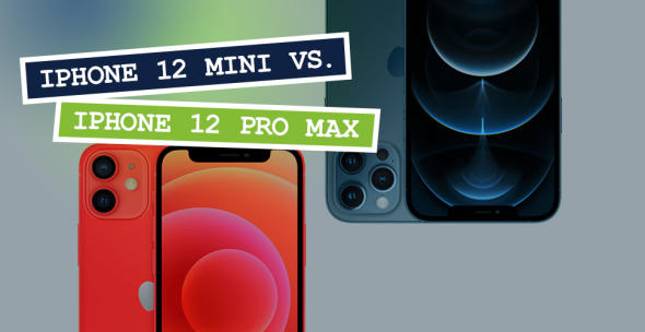 Das iPhone 12 mini und iPhone 12 Pro Max vor grauem Hintergrund.