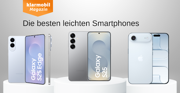 Headerbild Leichte Smartphones, Produktbilder Samsung Galaxy S25 Edge, Samsung Galaxy S25, iPhone Air, jeweils Vorder- und Rückseite