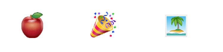 Apfel-, Konfettobombe-, und Insel-Emoji.