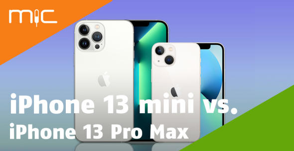 iPhone 13 Pro Max und iPhone 13 mini nebeneinander mit Vorder- und Rückseite