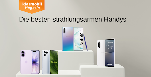 Produktbilder Samsung Galaxy Note 10, iPhone 17, Fairphone 6, Sony Xperia 10 V], jeweils Vorder- und Rückseite