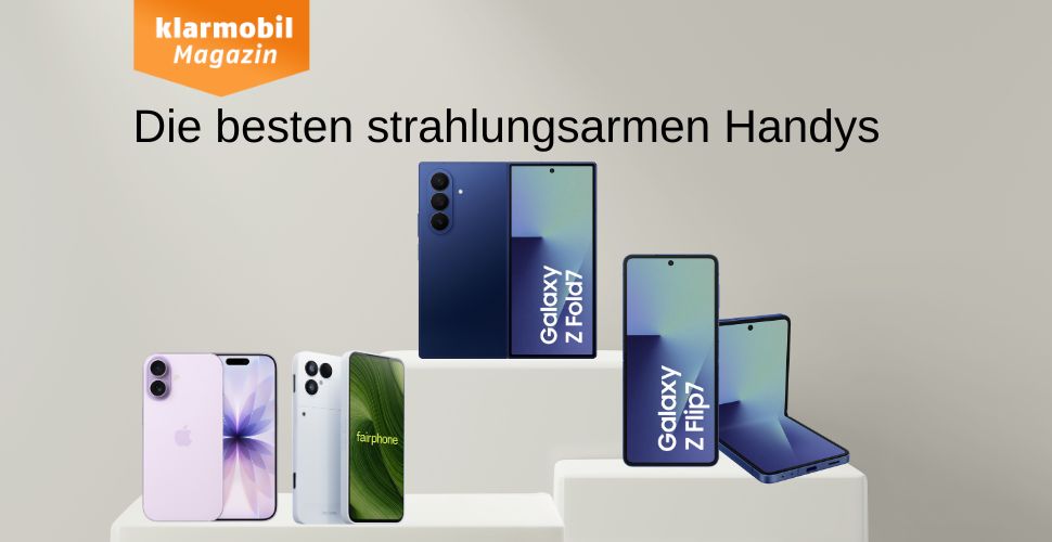 Produktbilder  iPhone 17, Fairphone 6, Samsung Galaxy Z Fold7, , Samsung Galaxy Z Flip7, jeweils Vorder- und Rückseite