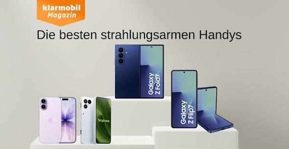 mic: Strahlungsarme-Handys_Headerbild Produktbilder iPhone 17, Fairphone 6, Samsung Galaxy Z Fold7, , Samsung Galaxy Z Flip7, jeweils Vorder- und Rückseite