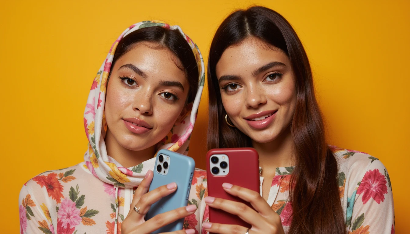 Two women holding iphones