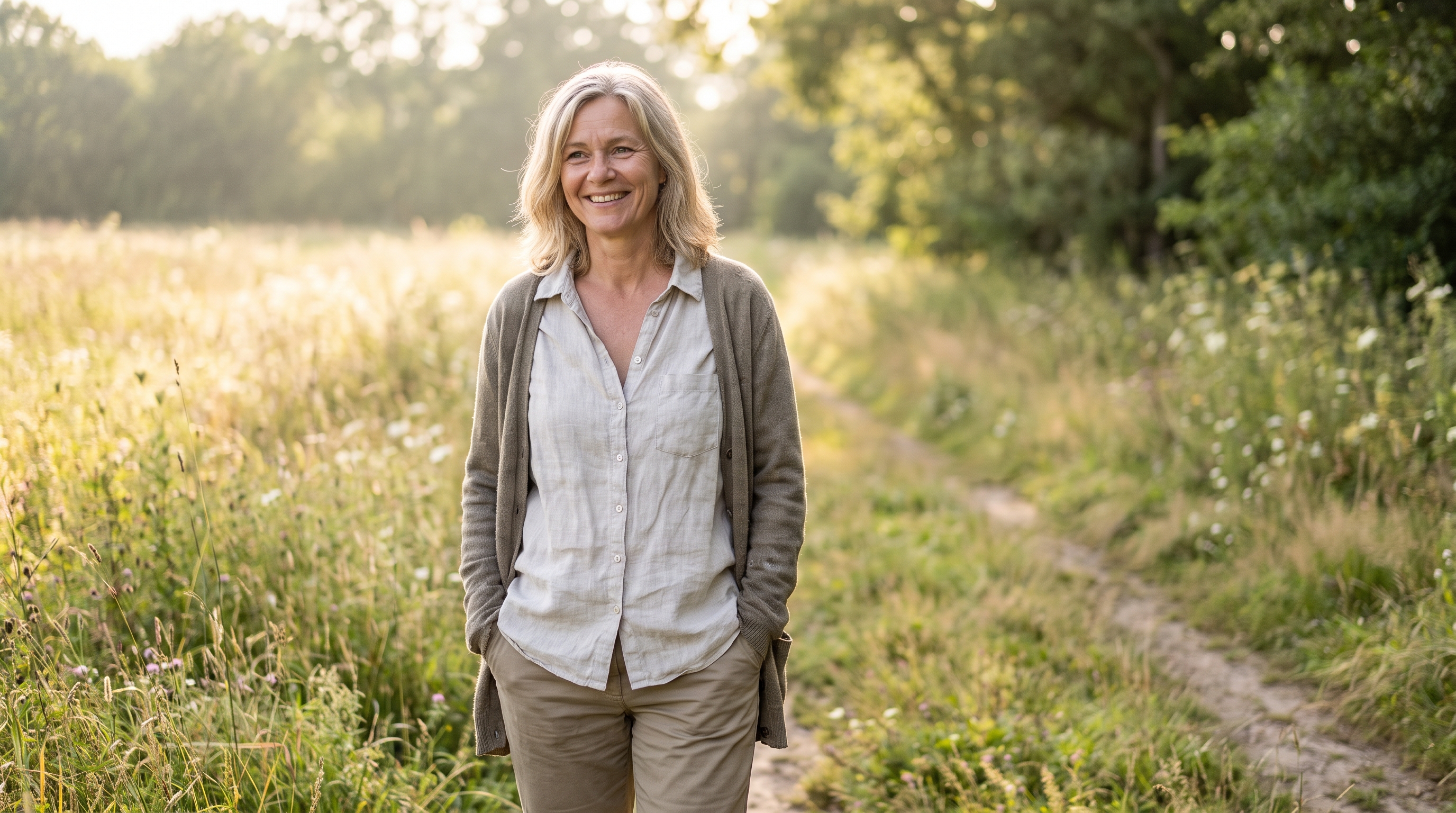 Woman walking in field path 202608180238