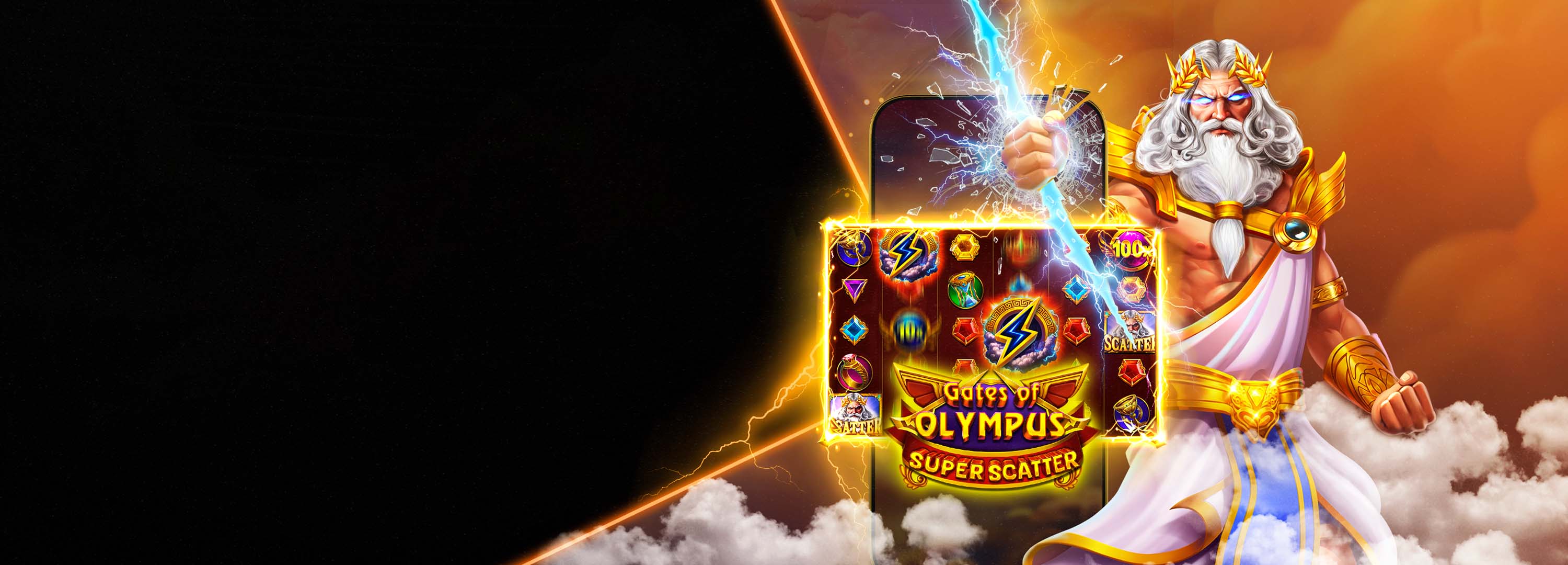 Zeus holder et lyn,  der rammer en mobiltelefon, som viser slotspillet "Gates of Olympus Super Scatter".