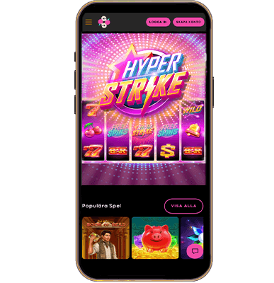 Mobil med Hyper Strike slotspel, populära spel och knappar för logga in och skapa konto.