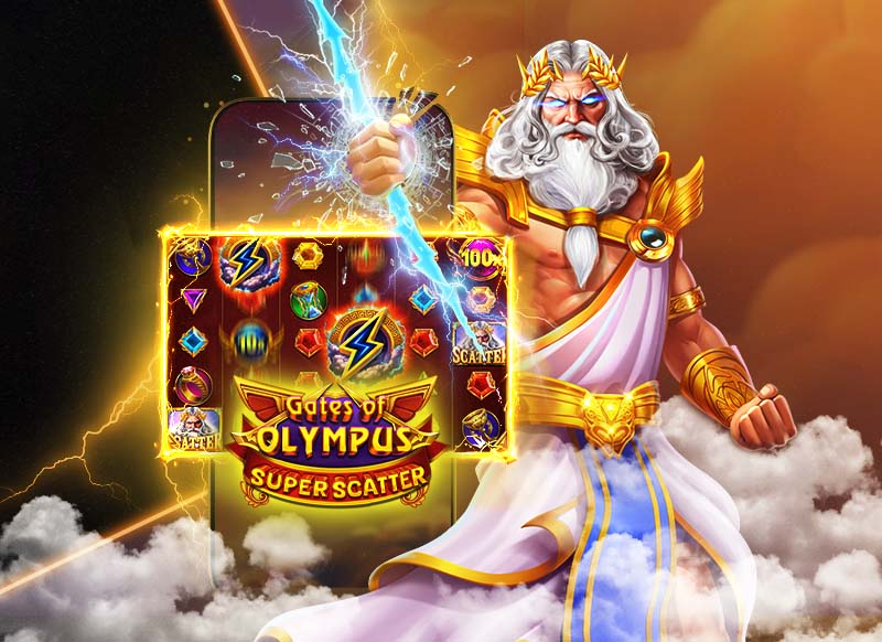 Zeus holder et lyn, der rammer en mobiltelefon, som viser slotspillet "Gates of Olympus Super Scatter".