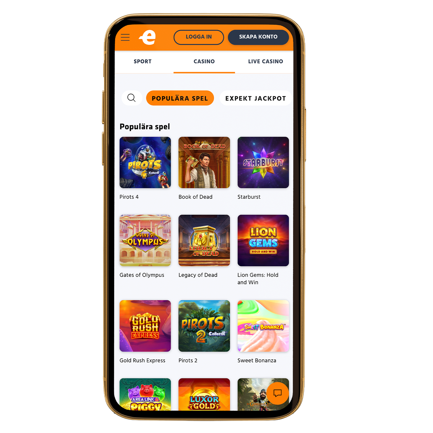 Mobilskärm visar populära casinospel som Pirots 4, Book of Dead och Starburst.