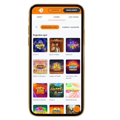 Mobilskärm visar populära casinospel som Pirots 4, Book of Dead och Starburst.