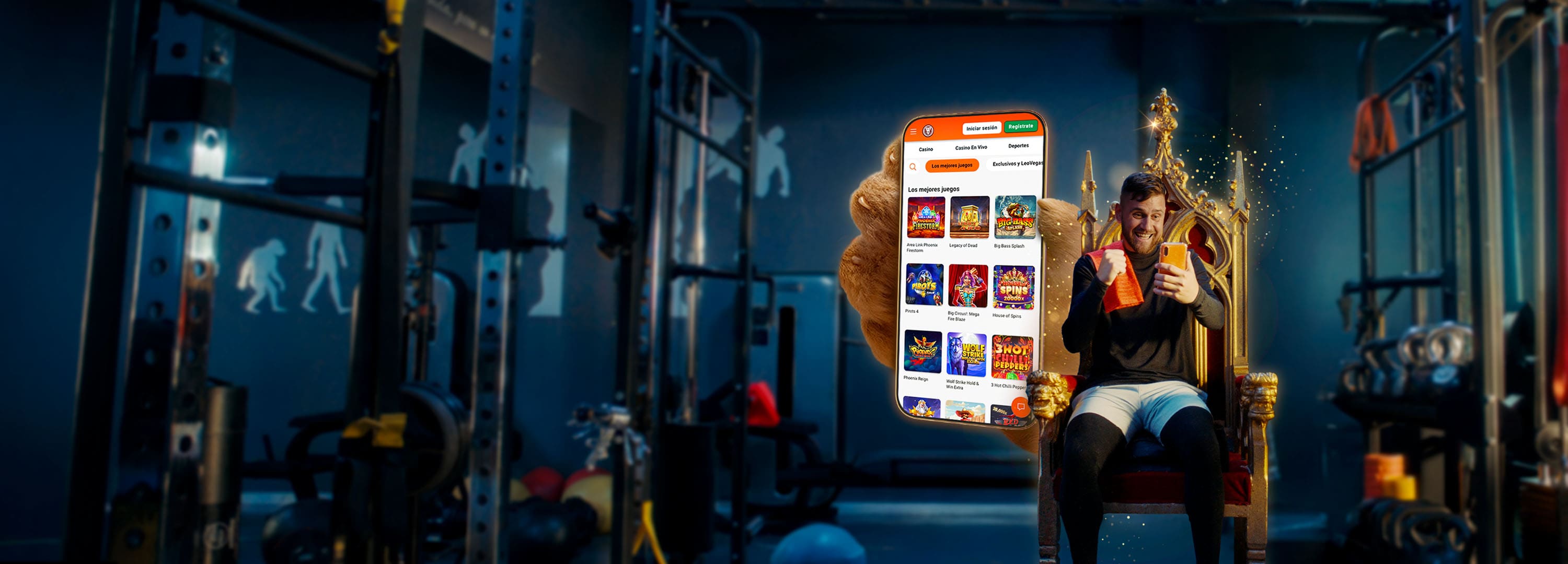 Hombre celebrando con app de juegos con tragamonedas como Big Bass Splash y Bono en el móvil