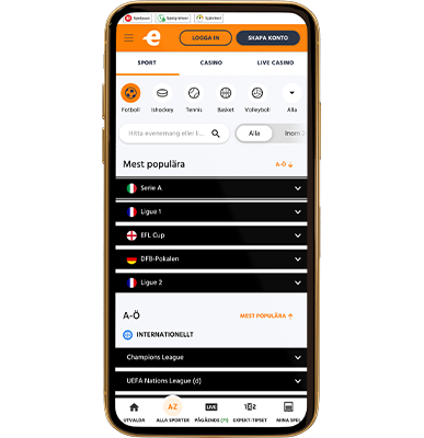 Mobilskärm visar sportspel med fotboll, ishockey, tennis, basket och volleyboll.