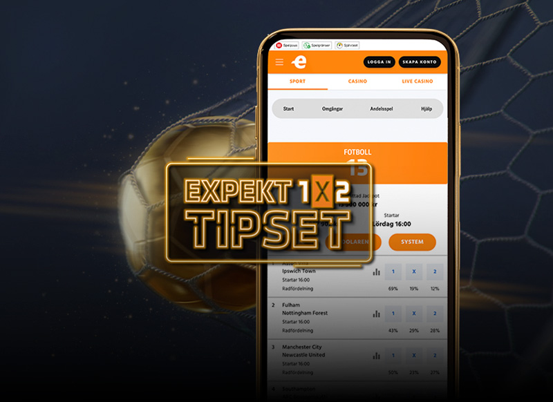Expekt-app med fotbollsodds och Expekt-tipset på en mobiltelefon framför en fotboll.