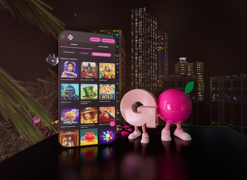 Mobil med casinospel och Exklusiv Jackpot framför en stadsbild.