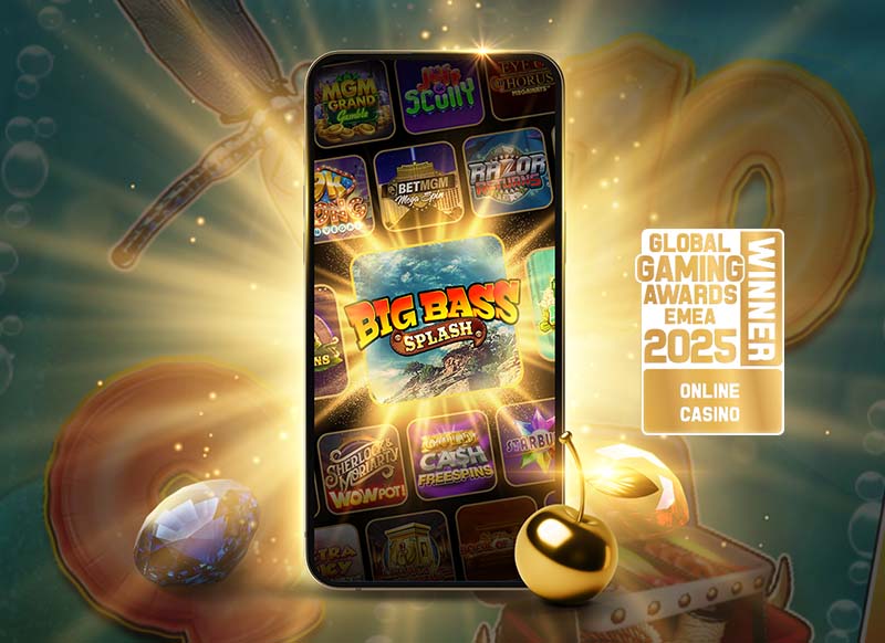 Mobile phone displaying various casino games, including MGM Grand Gamble and Golden Chips, with a Global Gaming Award.