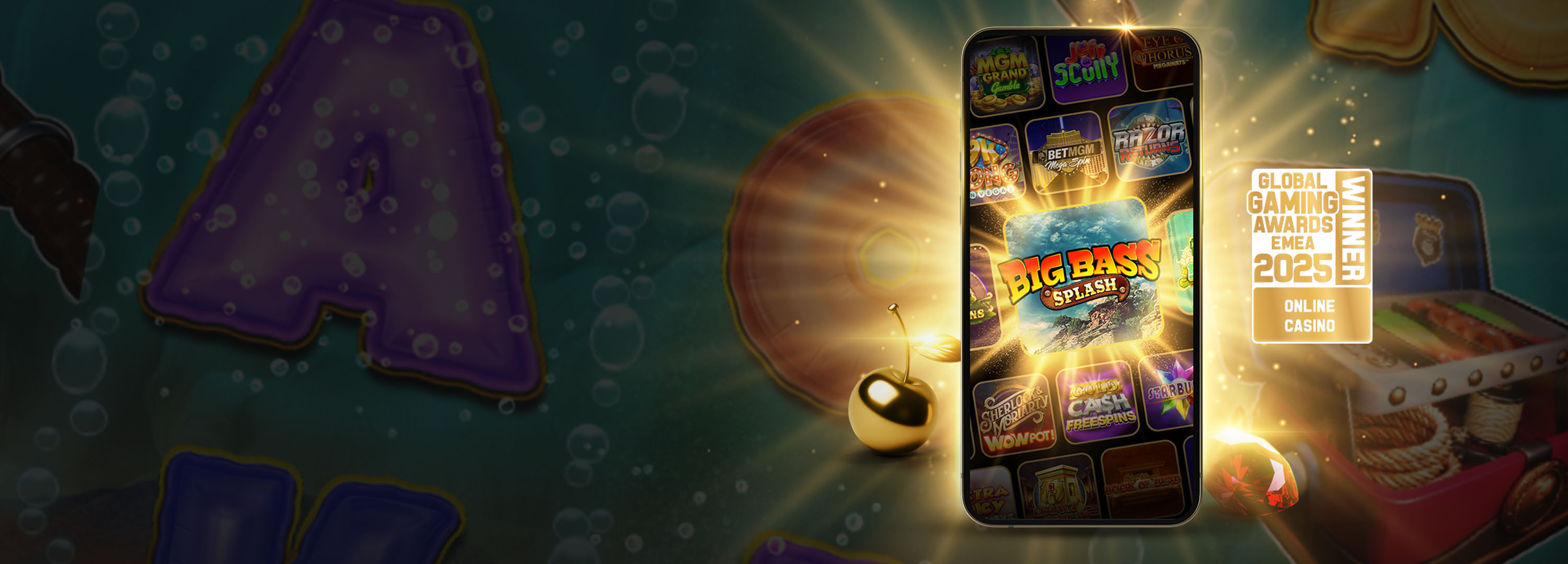 Mobile phone displaying various casino games, including MGM Grand Gamble and Golden Chips, with a Global Gaming Award.