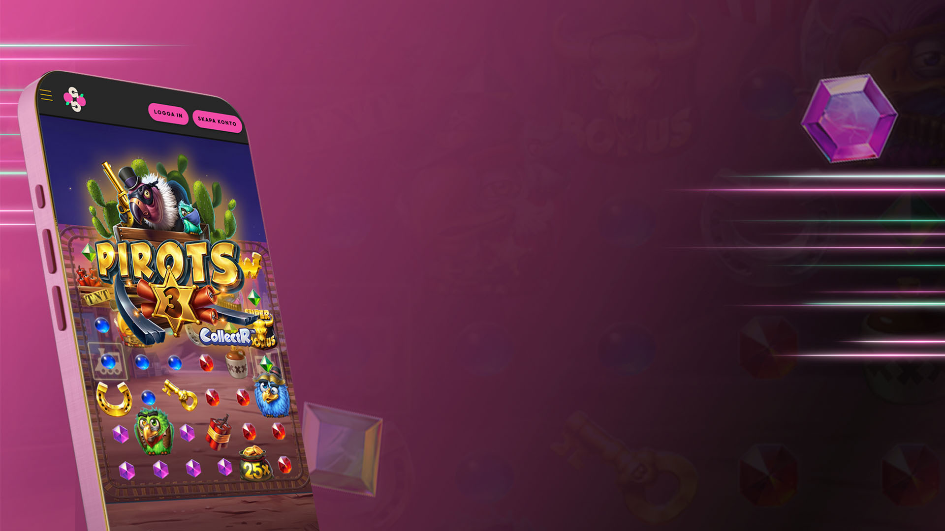 Mobiltelefon visar ett matchande pusselspel med tecknade figurer och bonusar.