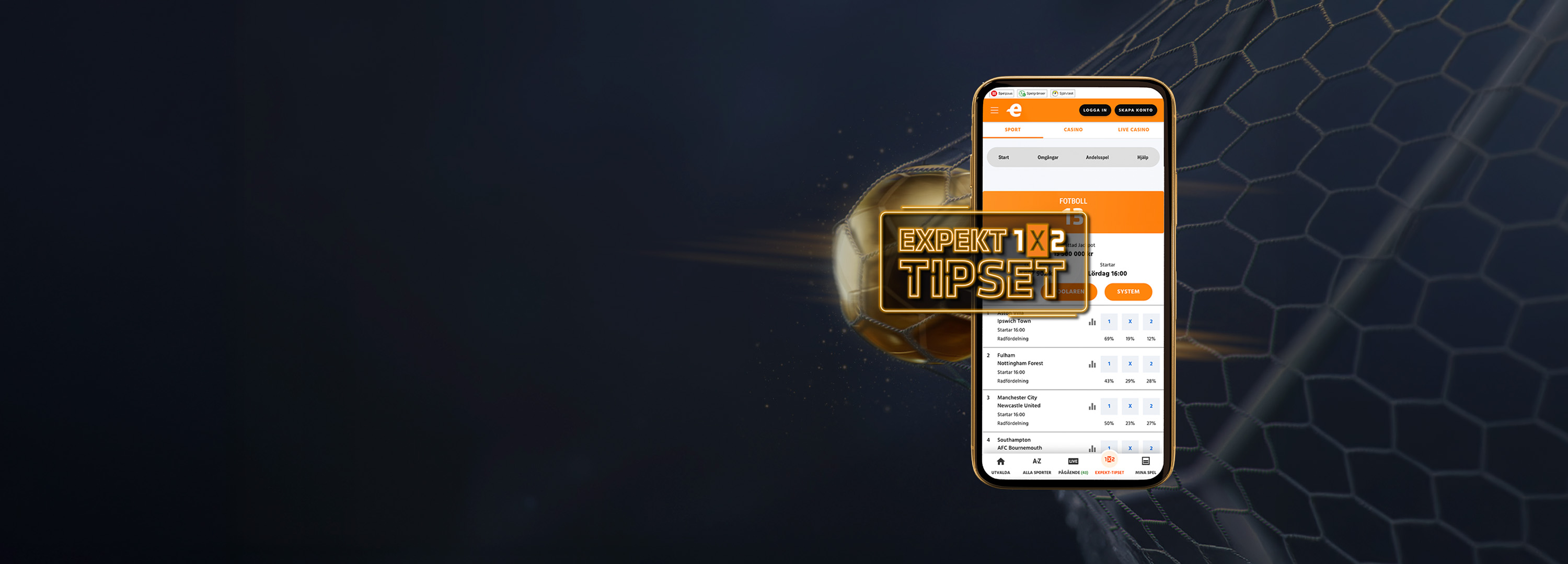 Expekt-app med fotbollsodds och Expekt-tipset på en mobiltelefon framför en fotboll.