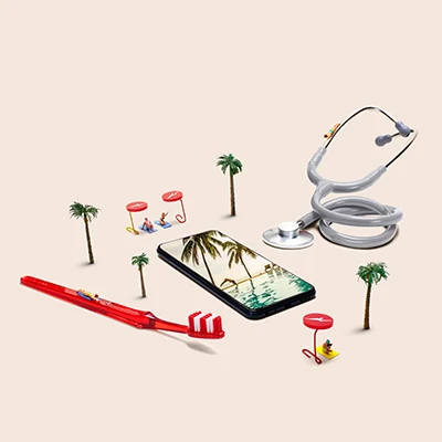 Qantas Health Insurance campaign artwork featuring a silver stethoscope, an eye chart, red eyeglasses, and an open circle with Qantas points written alongside miniature figures, visually representing comprehensive medical, extras, and travel rewards.