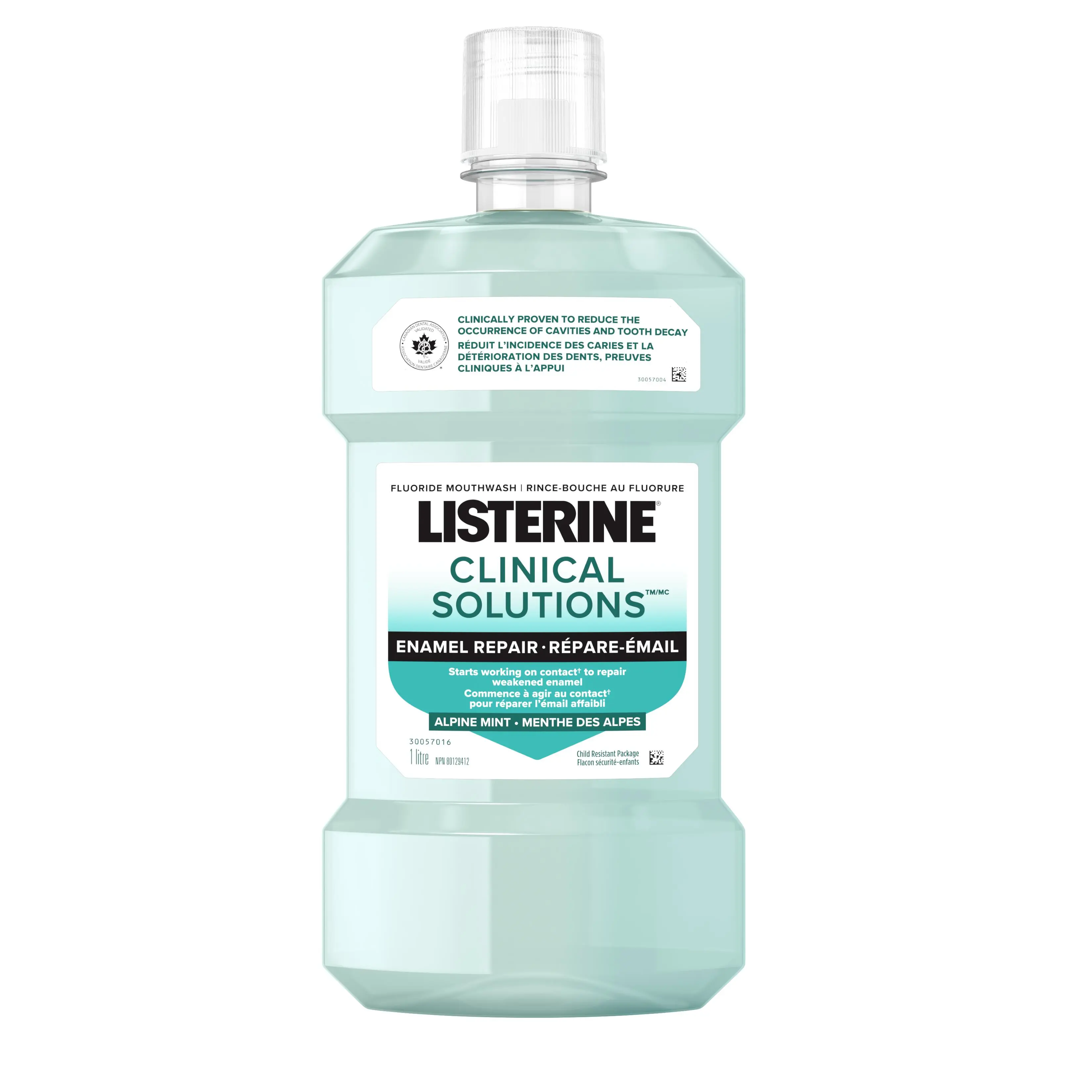 Bottle of Listerine Clinical Solutions mouthwash for enamel repair, validated by the Canadian Dental Association.