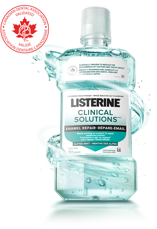 Bottle of Listerine Clinical Solutions mouthwash for enamel repair, validated by the Canadian Dental Association.