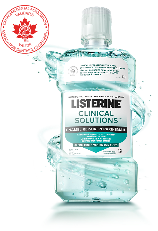 Bottle of Listerine Clinical Solutions mouthwash for enamel repair, validated by the Canadian Dental Association.