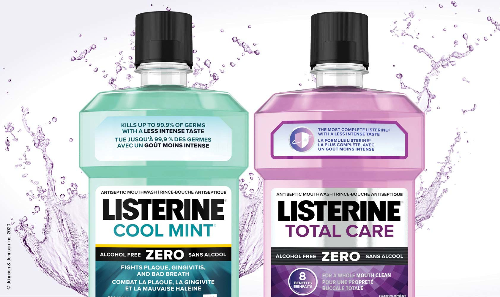 Two bottles of Listerine, Cool Mint Zero and Total Care Zero, placed next to each other with mouthwash splashing in the background