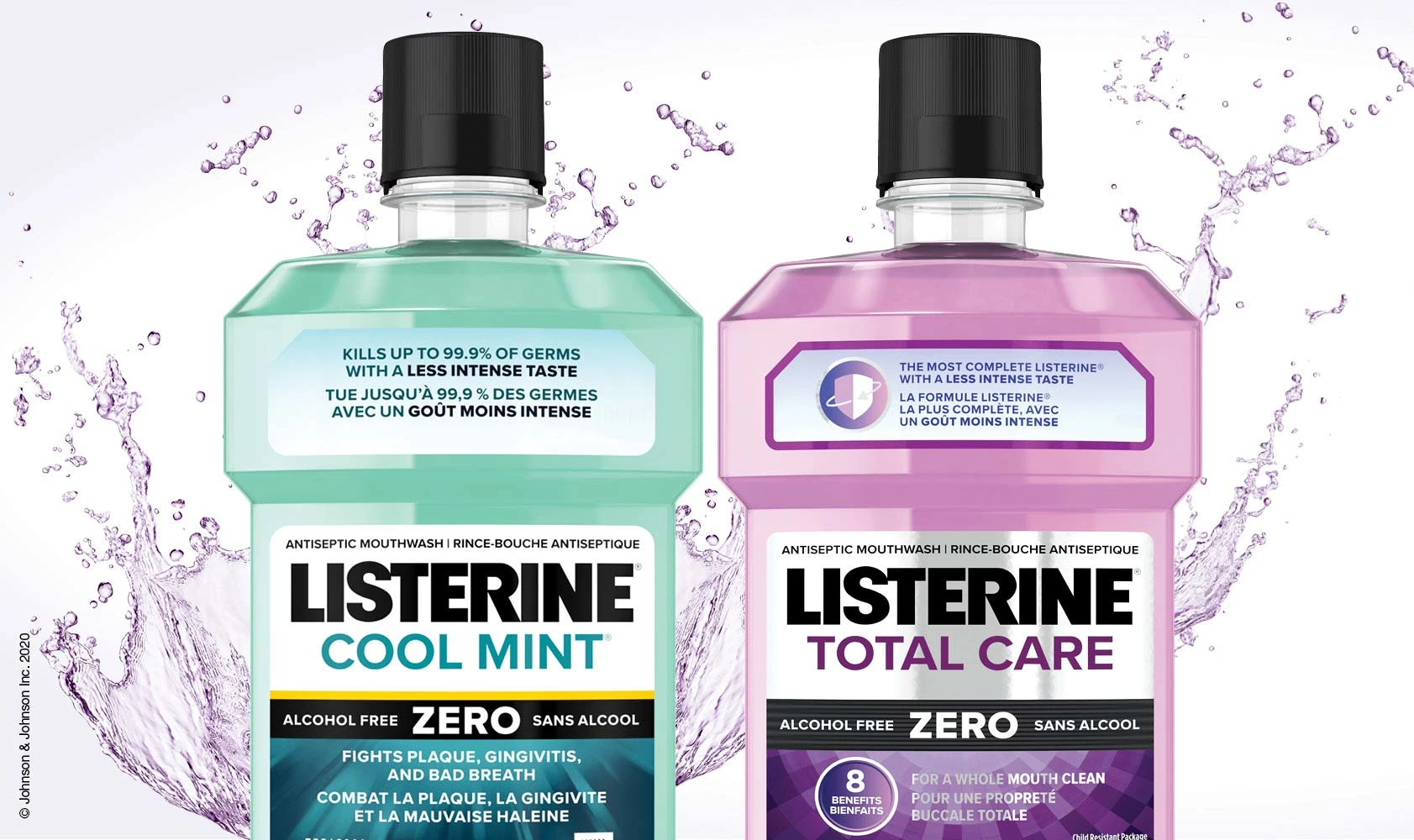 Two bottles of Listerine, Cool Mint Zero and Total Care Zero, placed next to each other with mouthwash splashing in the background