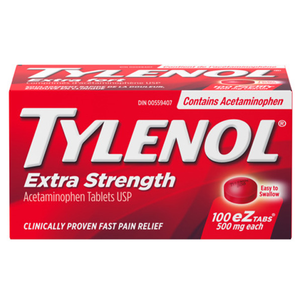 A packet of TYLENOL® Extra Strength Acetaminophen Tablets for Fast Pain Relief, 100 EZ tablets