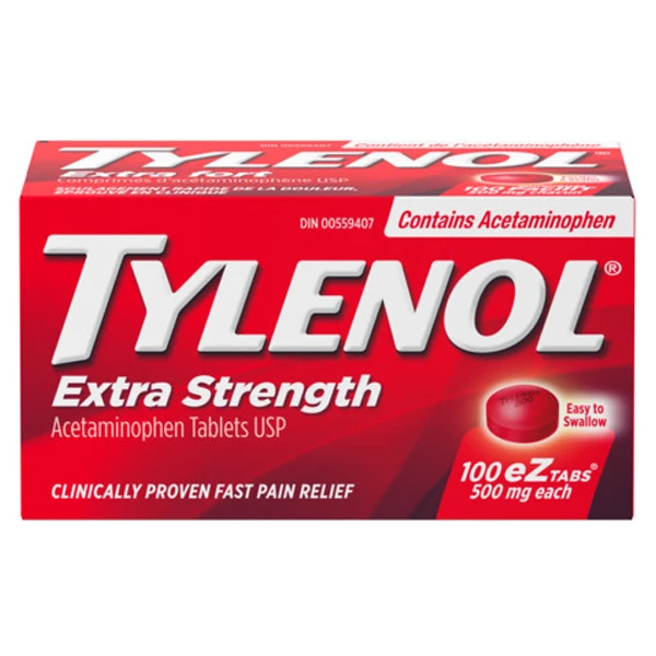 A packet of TYLENOL® Extra Strength Acetaminophen Tablets for Fast Pain Relief, 100 EZ tablets