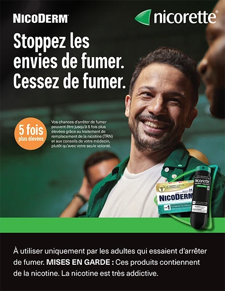 Guide de cessation pour les patients avec deux personnes à l'extérieur dans la nature, avec les logos de Nicorette et Nicoderm dans le coin et le texte : 'Faites quelque chose d'incroyable. Votre guide pour vous aider à arrêter avec succès.'