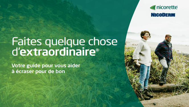 Guide de cessation pour les patients avec deux personnes à l'extérieur dans la nature, avec les logos de Nicorette et Nicoderm dans le coin et le texte : 'Faites quelque chose d'incroyable. Votre guide pour vous aider à arrêter avec succès.'