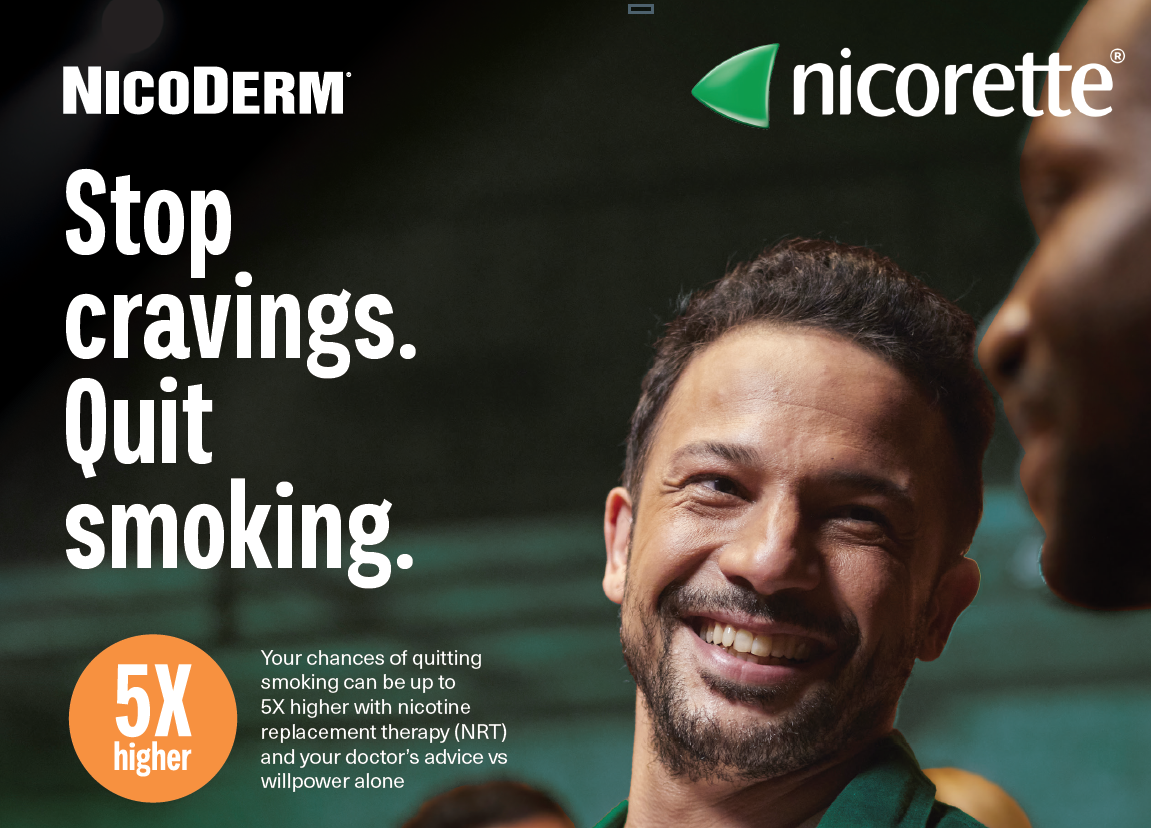 Patient quit guide featuring two people outside in nature, with Nicorette and Nicoderm logos in the corner and the text 'Do something amazing. Your guide to help you quit successfully'.