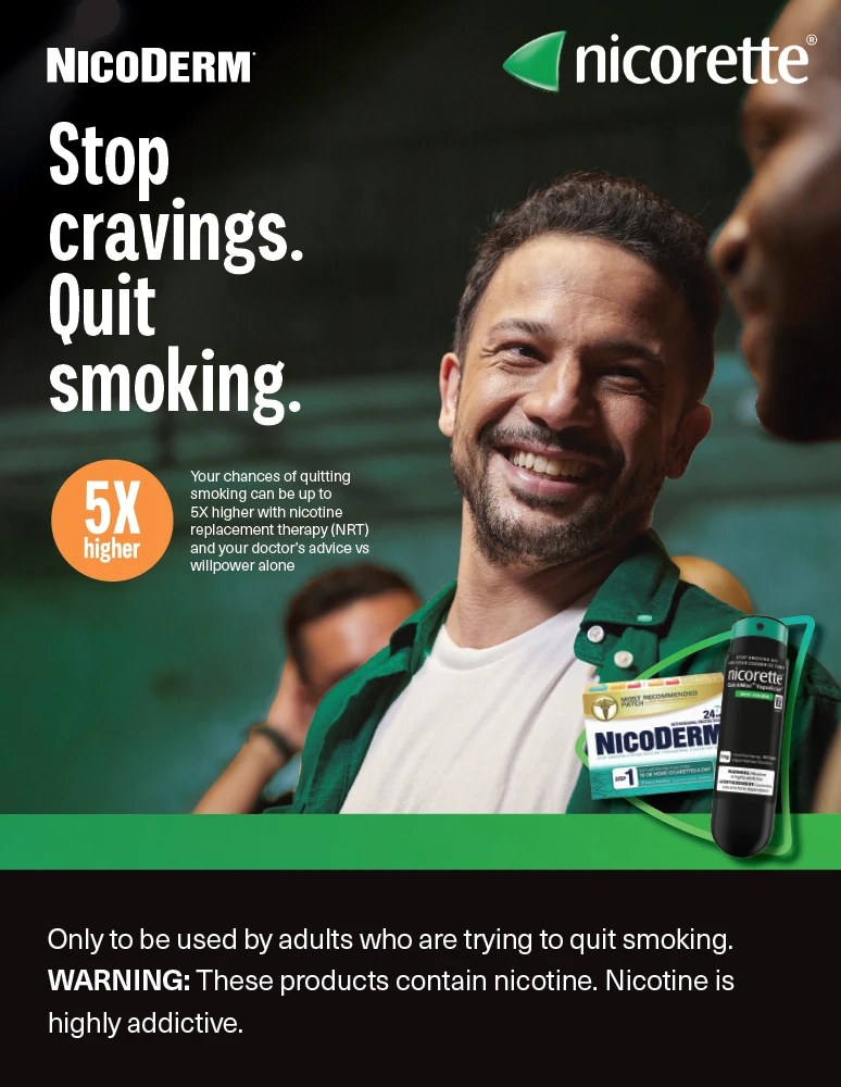 Patient quit guide featuring two people outside in nature, with Nicorette and Nicoderm logos in the corner and the text 'Do something amazing. Your guide to help you quit successfully'.