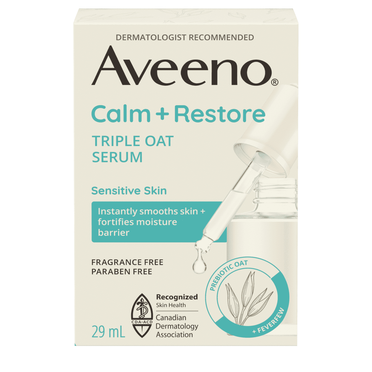 Front view of packaging for AVEENO® Calm + Restore Triple Oat Serum