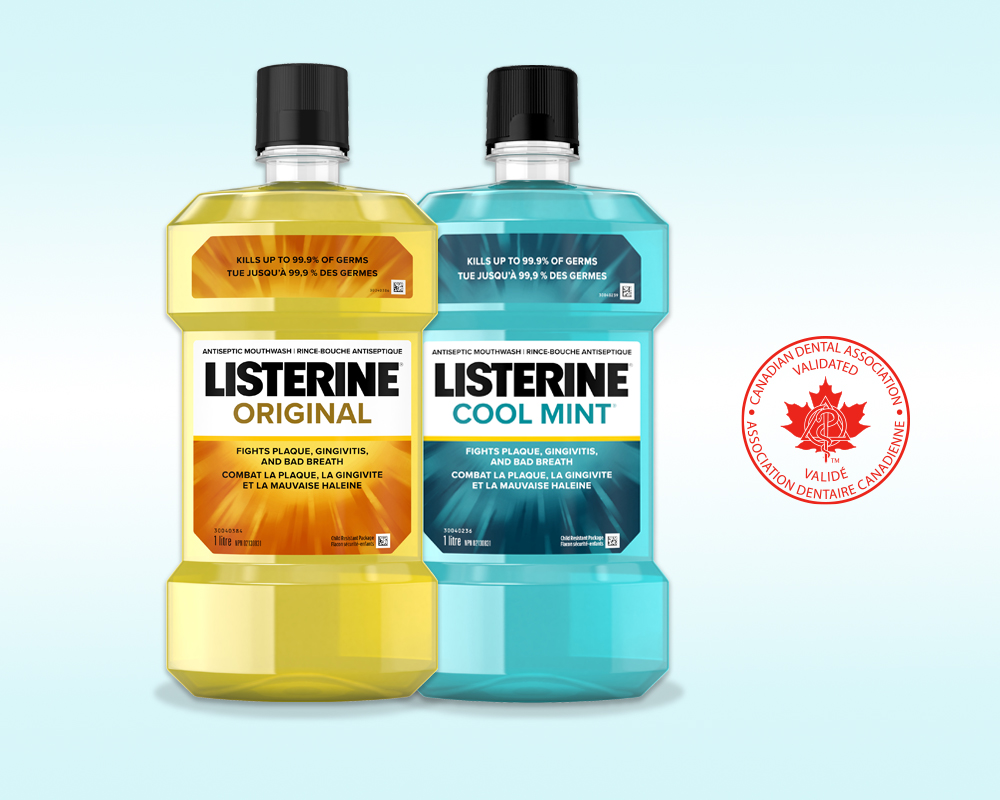 Two Listerine mouthwash bottles with dental association logo