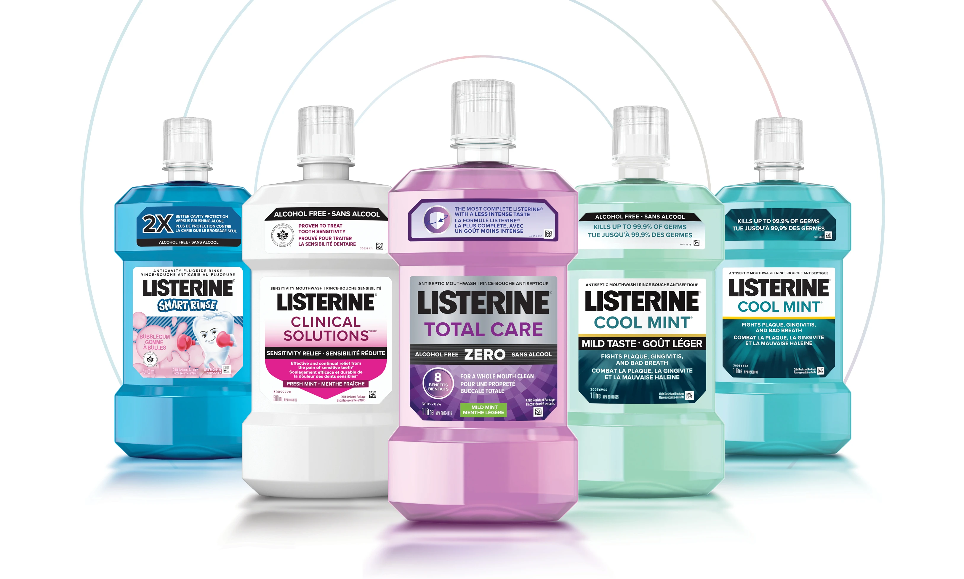 Family pack shot of many Listerine products arranged together in a line