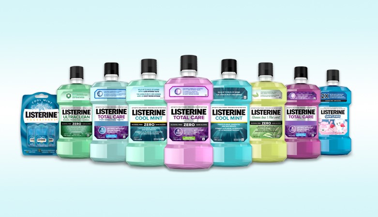 Family pack shot of many Listerine products arranged together in a line