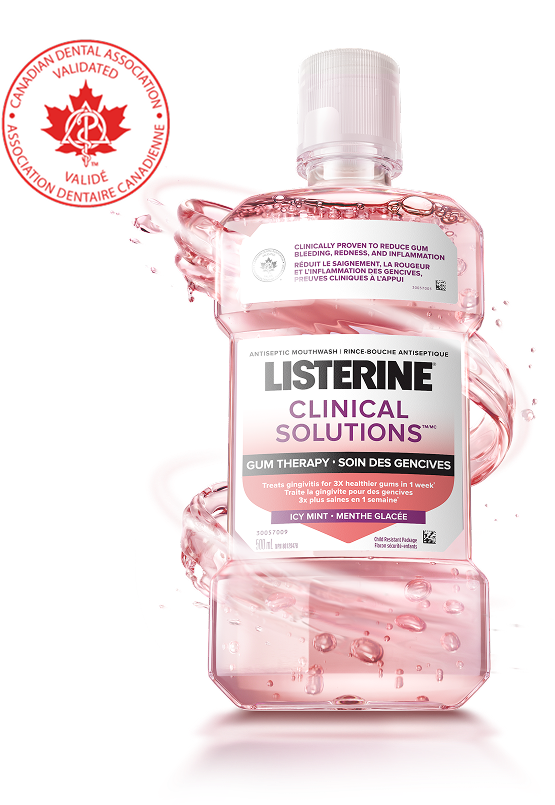 Bottle of Listerine Clinical Solutions mouthwash for gum therapy, validated by the Canadian Dental Association.