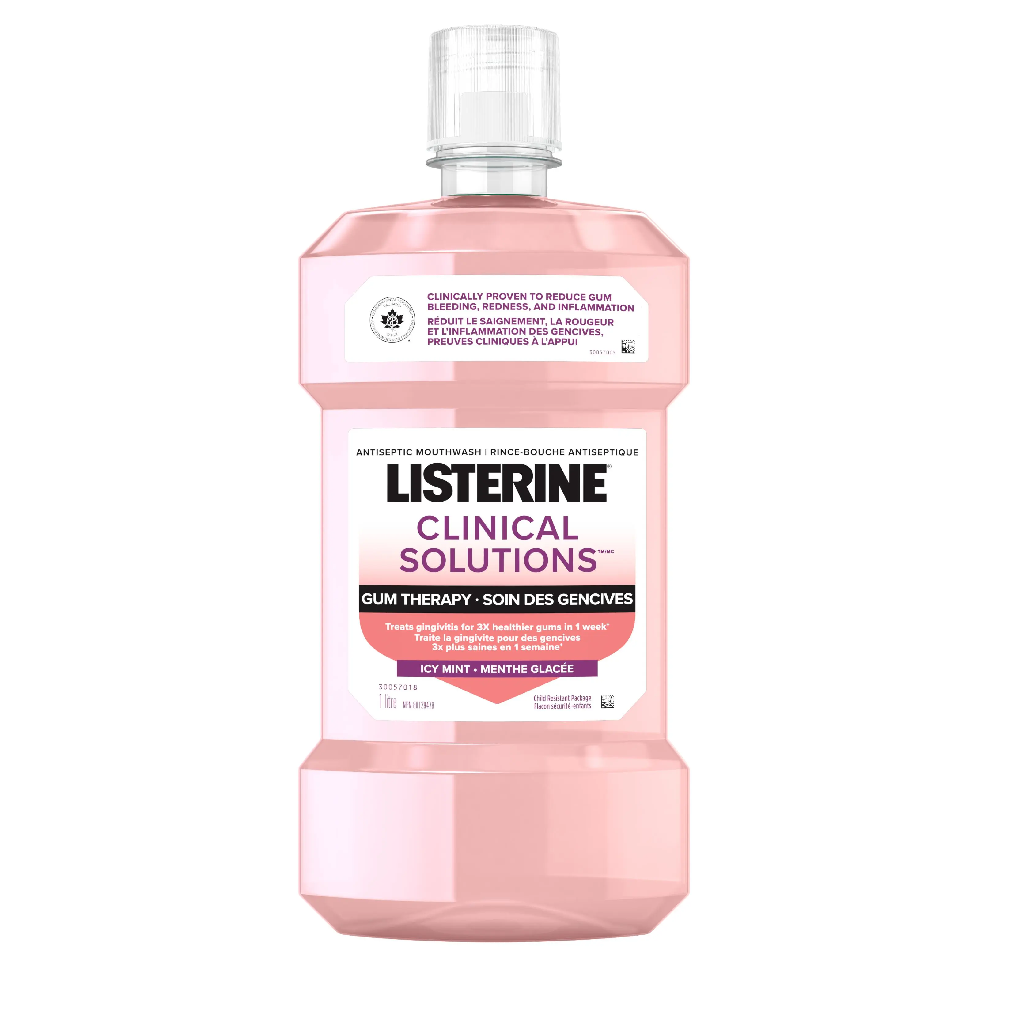 Bouteille de rince-bouche Listerine Clinical Solutions pour le soin des gencives, validée par l'Association dentaire canadienne.
