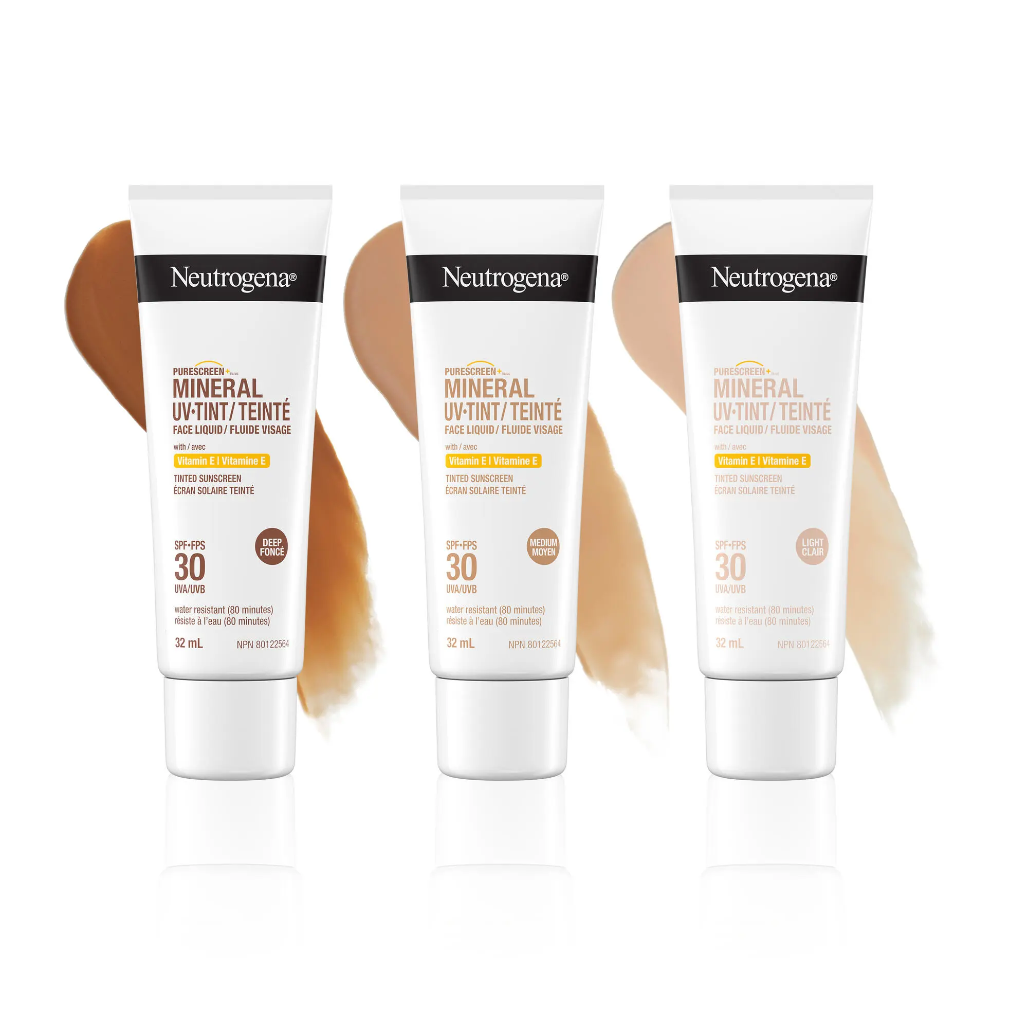 Vue de face de la crème solaire liquide minérale teintée NEUTROGENA® Purescreen+™ SPF 30, Claire, tube de 32 mL