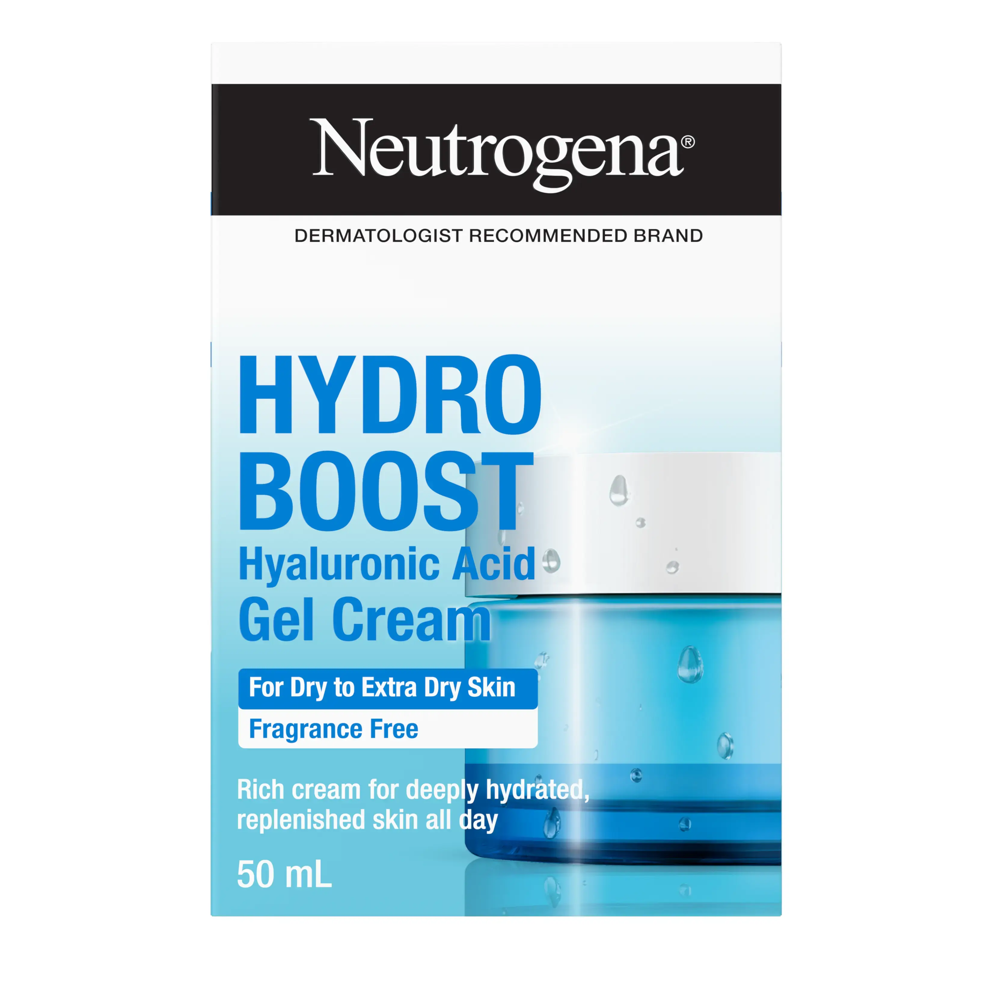 Front shot of NEUTROGENA® Hydro Boost Gel Cream Extra Dry, jar 50mL with its packaging