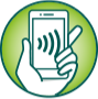 Icon of a hand holding a cell phone with the Wi-Fi signal on the screen