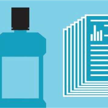 Listerine mouthwash bottle outline with data sheets against a blue background