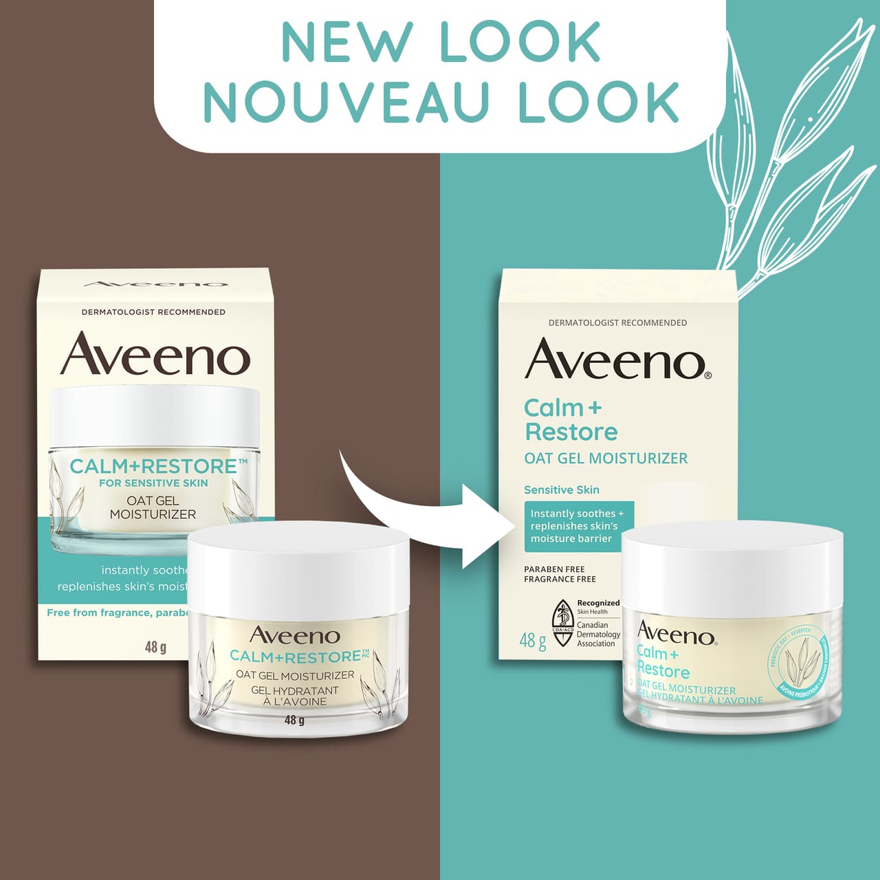 Emballage ancien et nouveau de l'hydratant gel à l'avoine AVEENO® Calm + Restore, pot de 48 g, avec le texte 'nouveau look'