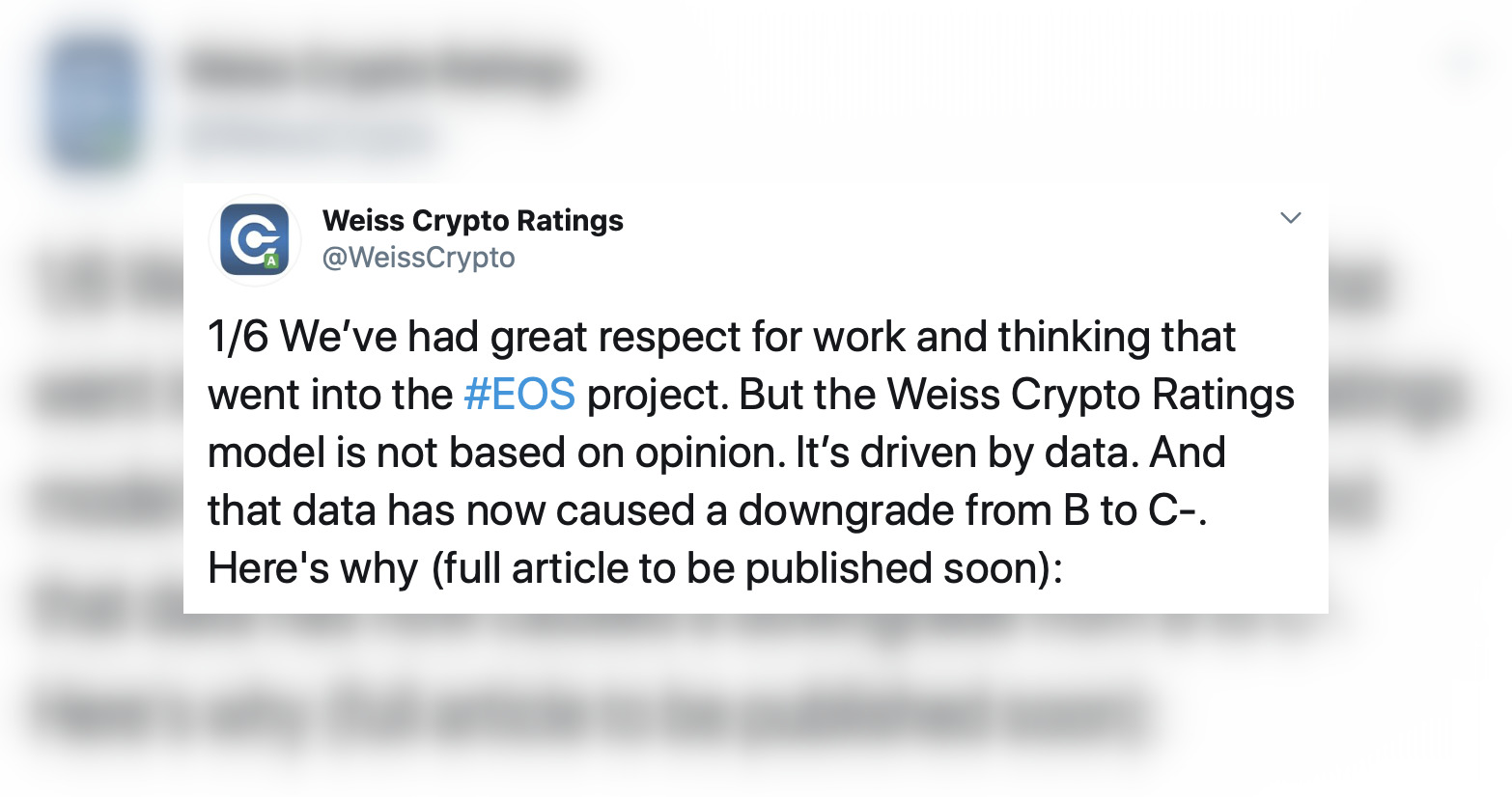 Weiss Crypto Ratings downgraded EOS from a B to a C-