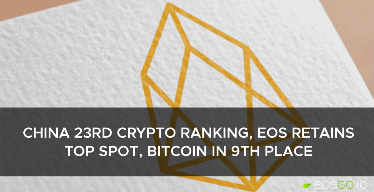 China 23rd Crypto Ranking, EOS Retains Top Spot, Bitcoin in 9th Place