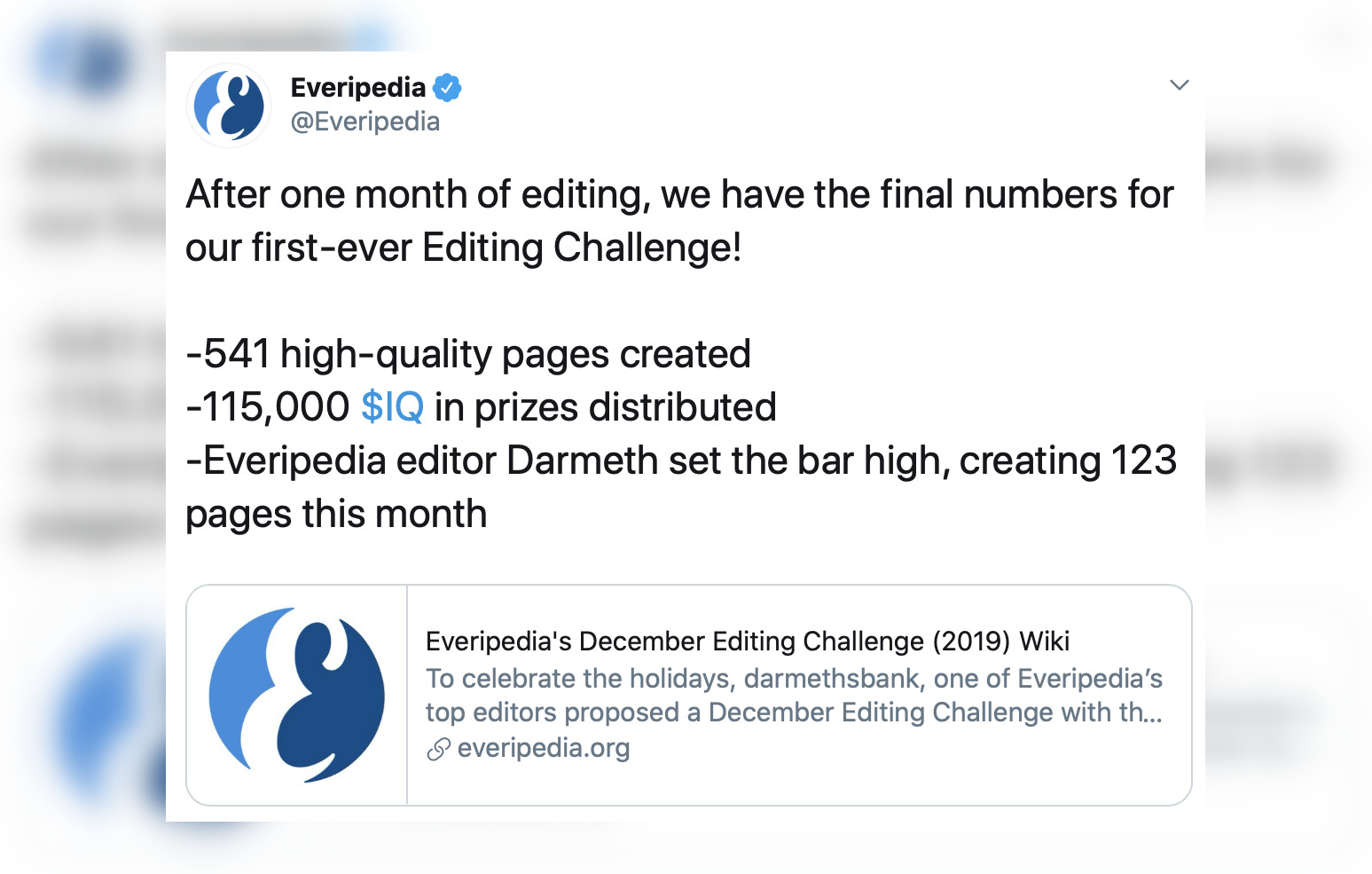 Everipedia 在 12 月创建了 541 个高质量页面