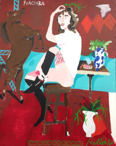 Peter Doyle - painting of a women in a red room with a statue of a horse, 2018 [sold]